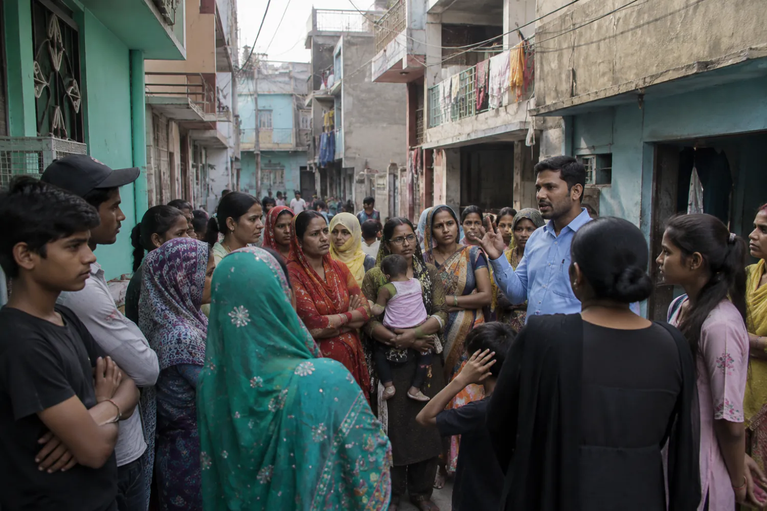 Illustration: a community awareness session held in a narrow residential lane