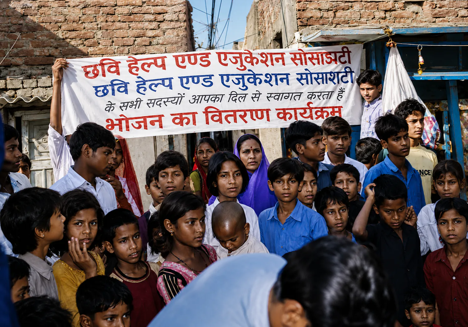 A crowd of children and families at a CHES food distribution programme
